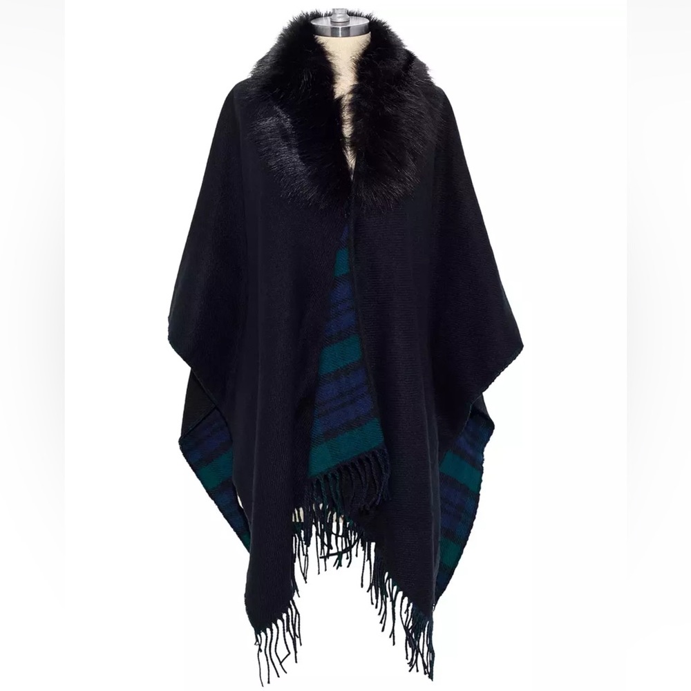 Lauren Ralph Lauren Reversible Ruana Shawl Plaid Removable Faux Fur Collar